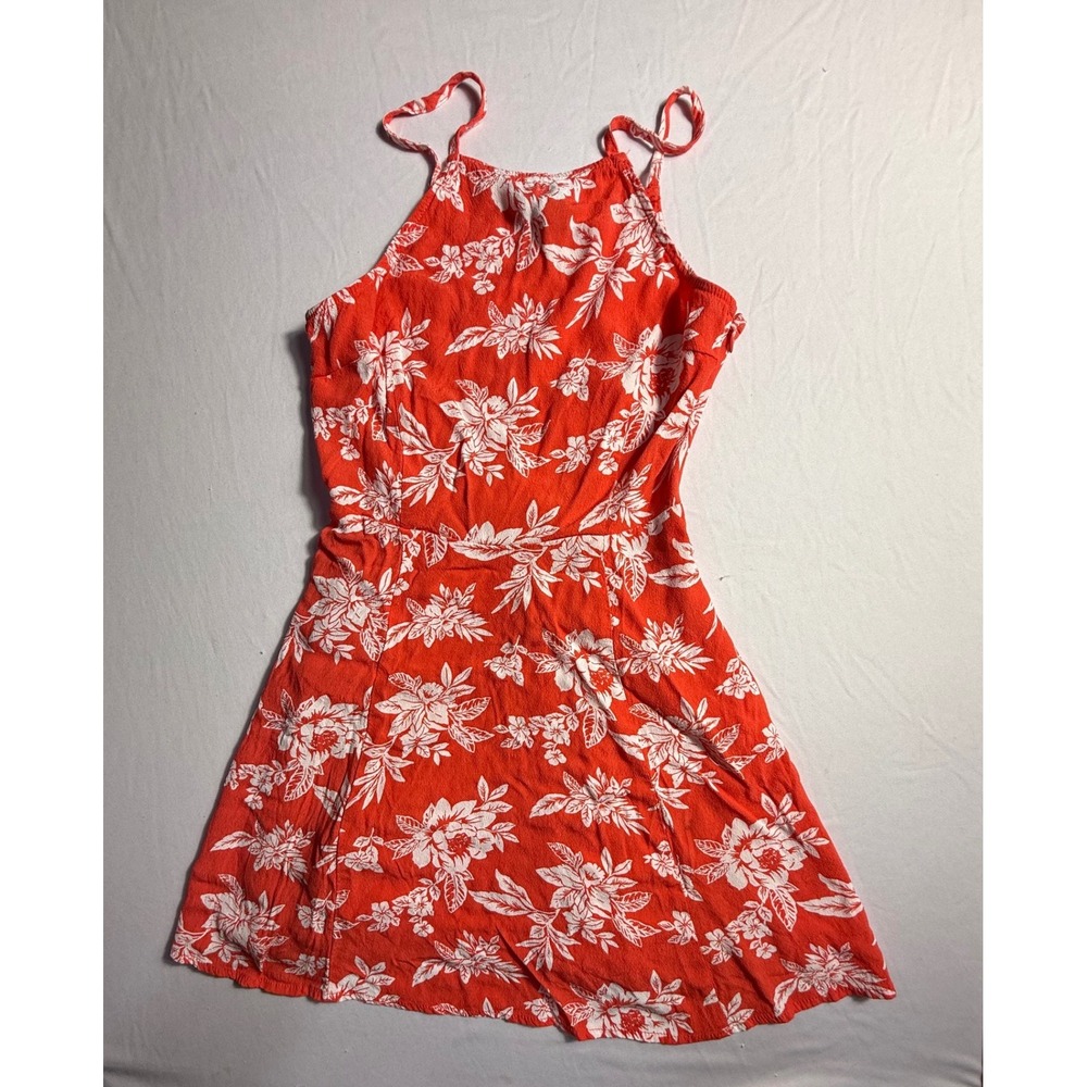 Forever 21 Red White Floral Halter Mini Dress Small Summer Sun Dress Flare-2263